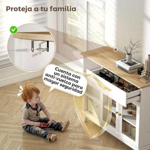 Aparador para Salón con 2 Puertas de Vidrio Cajón Compartimentos Abiertos y Estantes Ajustables 100x35x80,3 cm Blanco [5]