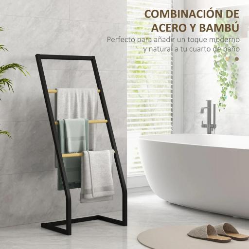 Toallero de Pie con 4 Barras de Bambú y Acero para Baño Lavadero 40,5x28x98 cm Negro y Natural [6]