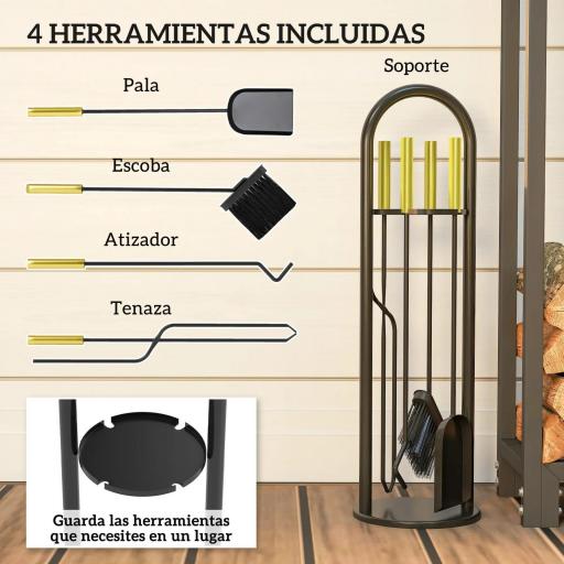 Juego de Utensilios para Chimenea de 5 Piezas de Metal con Escoba Pala Tenazas Atizador y Soporte 20x20x71 cm Dorado [1]