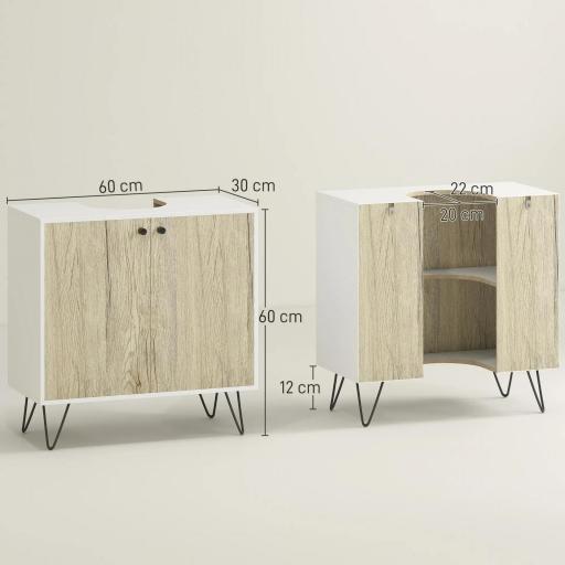 Mueble para Debajo del Lavabo Armario Bajo con 2 Puertas Estante y Patas de Acero 60x30x60 cm Roble y Blanco [1]