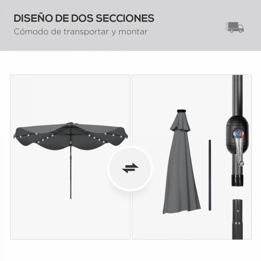 Sombrilla de Jardín Manual Ø292x248 cm con 32 Luces LED Solares 8 Varillas Impermeable y Rejillas de Ventilación Gris [6]