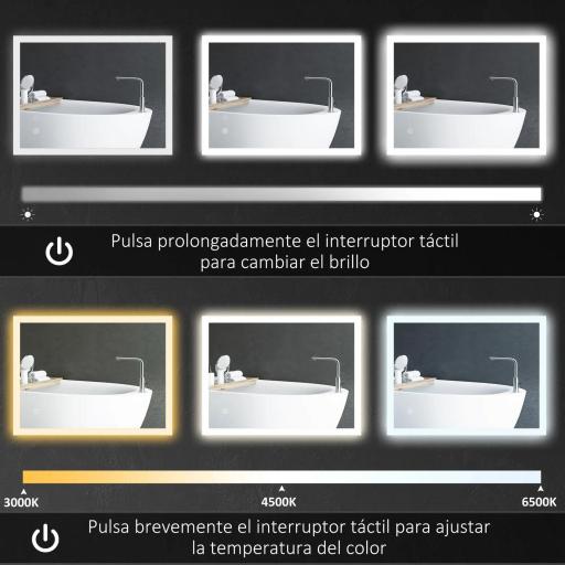 Espejo de Baño con Luces LED 70x50 cm Antivaho con Luces Retroiluminado 3 Colores Función de Memoria Interruptor Táctil [6]
