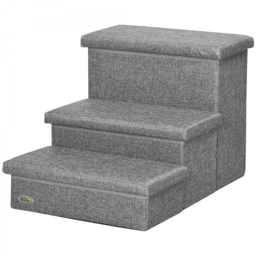 Escalera para Mascotas de 3 Peldaños Escalones para Perros Gatos con Espacio de Almacenamiento 63,5x42,5x40,5 cm Gris [9]