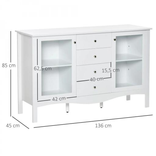 Aparador de Cocina Armario Buffet con 2 Puertas de Vidrio Estante Ajustable Interior y 4 Cajones Mueble Auxiliar para Comedor Salón 136x45x85 cm Blanco [1]