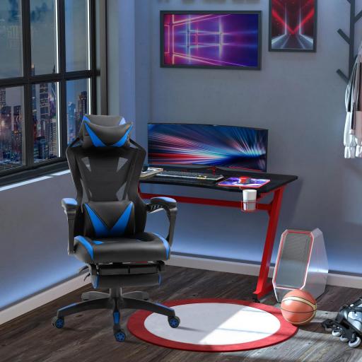 Silla Gaming Ergonómica Silla de Escritorio para Oficina con Altura Ajustable Respaldo Regulable de 170° Almohada Lumbar y Reposapiés Retráctil 65x70x117-125 cm Azul