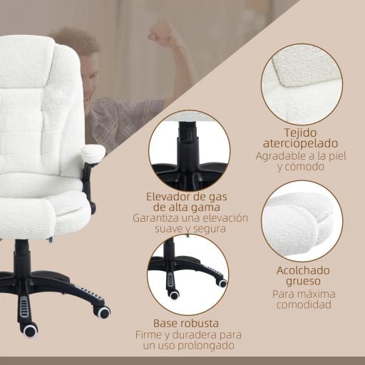 Silla de Oficina con Masaje de 6 Puntos con Función de Calefacción Tejido de Borreguito 68x72x110-120 cm Blanco [3]