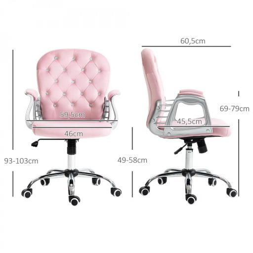 Silla de Escritorio de Terciopelo con Altura Ajustable Reposabrazos y Decoraciones de Diamantes 59,5x60,5x93-103 cm Rosa [3]