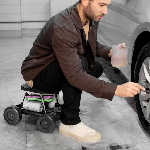 Asiento de Jardín con Ruedas Taburete de Jardinería con Bandeja de Herramientas Carga 130 kg 50x49x32 cm Negro [3]