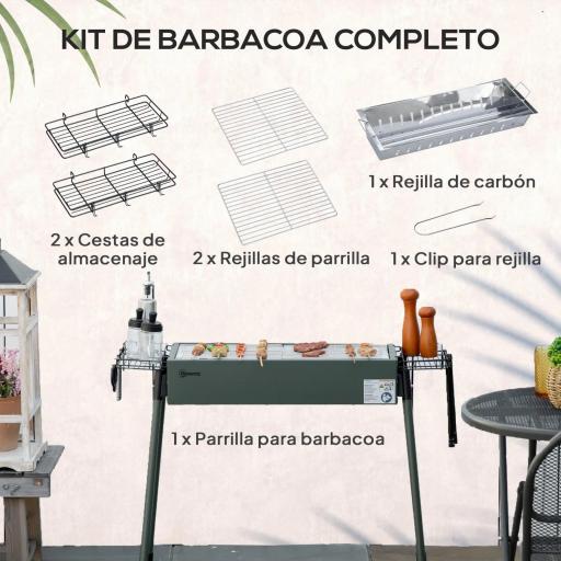 Barbacoa de Carbón con 2 Parrillas de Acero Inoxidable Barbacoa Portátil con 2 Especieros para Camping 94x39x70 cm Verde [6]