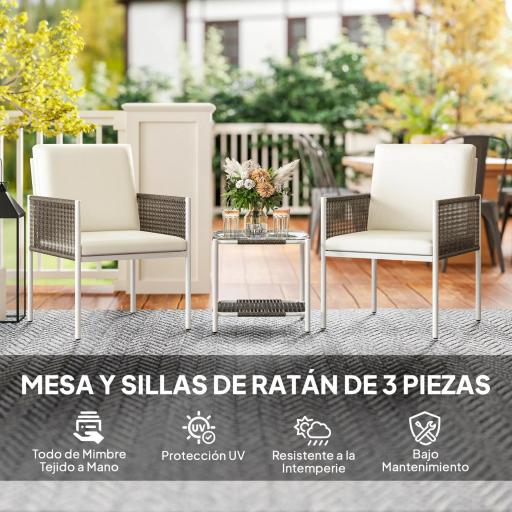 Juego de 2 Sillas y Mesa de Ratán con Cojines Acolchados y Encimera de Vidrio para Balcón Terraza Marrón y Crema [4]