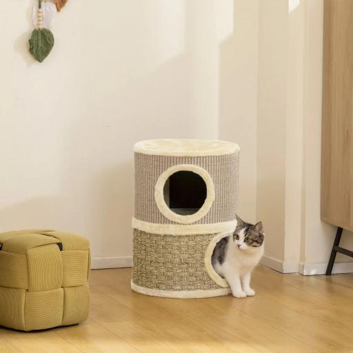 Barril Rascador para Gatos de 2 Niveles Altura 49 cm Tonel de Escalada con Cama Cubierto de Sisal Caqui y Café