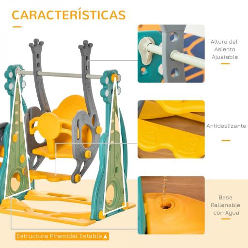 Tobogán Infantil con Columpio y Canasta de Baloncesto 3 en 1 para 18-36 Meses con Asiento Ajustable Parque Infantil para Interior y Exterior 152x149x107 cm Multicolor [4]