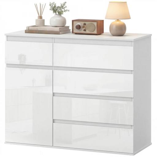 Aparador de Salón con 5 Cajones Estantes Ajustables Puerta de Cierre Suave 100x40x80 cm Blanco Brillo [8]