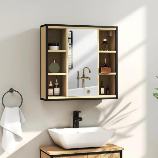 Armario de Baño con Espejo Estante Ajustable y 6 Compartimentos Abiertos 60x16x58,5 cm Roble