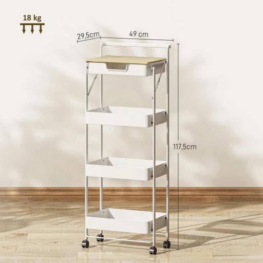 Carrito Auxiliar con Ruedas de 4 Niveles con Cajón Encimera y Cestas de Rejilla para Dormitorio Baño Cocina Blanco [1]