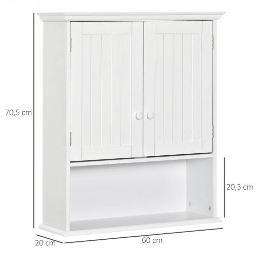 Armario Baño de Pared con 2 Puertas Estante Interior Ajustable y Compartimento Abierto Mueble Auxiliar Suspendido Multiusos para Cocina 60x20x70,5 cm Blanco [1]