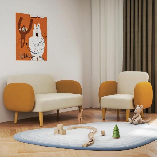 Butaca para Dormitorio con Reposabrazos y Patas de Madera Sofá Individual Carga 120 kg Beige y Ocre [6]