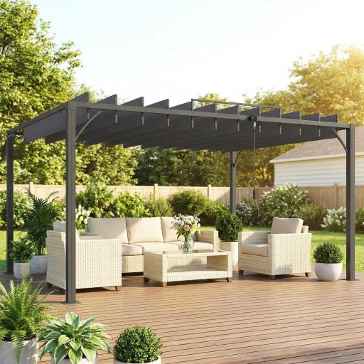 Pérgola de Jardín 3x4 m con Protección UPF 50+ Gazebo con Techo Ajustable Estructura de Aluminio para Exterior Gris