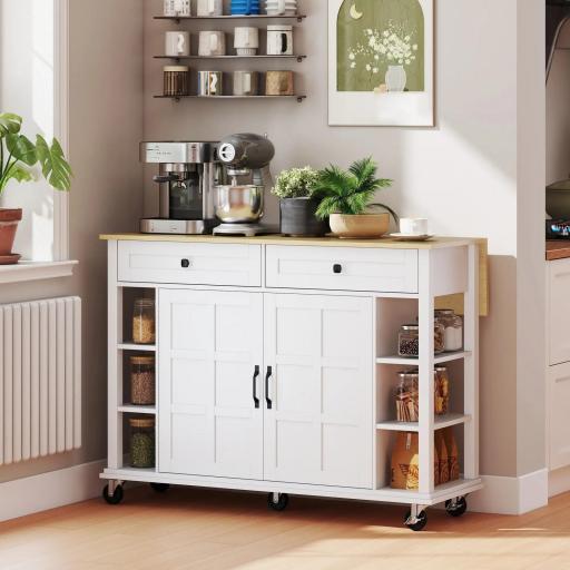 Isla de Cocina con Ruedas Encimera Plegable 2 Puertas con Cierre Suave 2 Cajones 6 Estantes Abiertos Blanco [4]