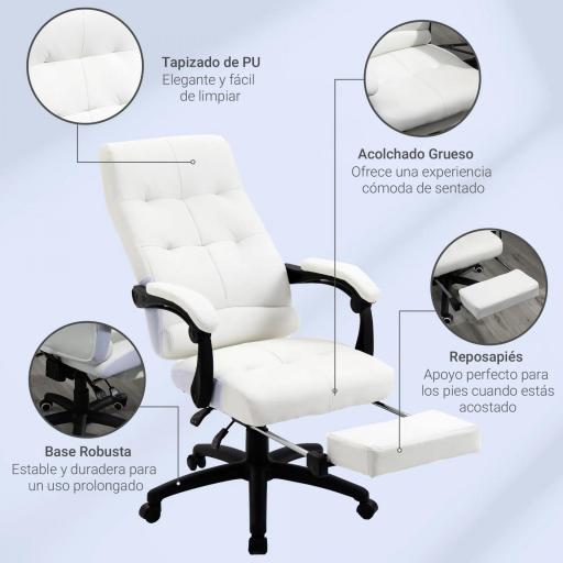 Silla de Oficina Giratoria Silla de Escritorio Reclinable Silla de Estudio Tapizada de PU con Altura Ajustable Reposabrazos Reposapiés 65x65x118-125 cm Blanco [4]