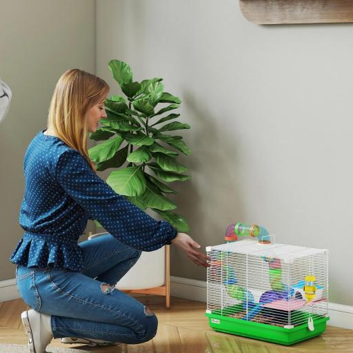 Jaula para Hámster con Túnel Cuenco Bebedero Casita Rampa Rueda de Ejercicio Bandeja Extraíble 46x30x37 cm Verde [2]