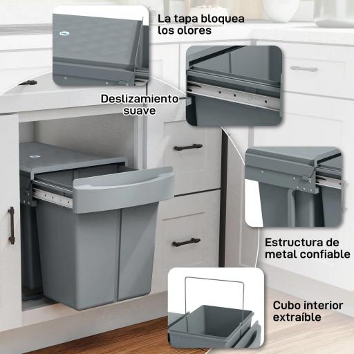 Cubo de Basura bajo Fregadero 2 Contenedores de Reciclaje Extraíble 2 x 20 L Deslizamiento Suave Gris [5]