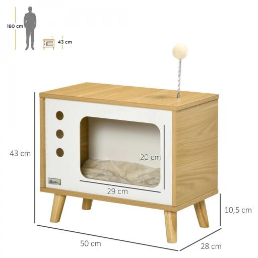 Cama Cueva para Gatos Estilo Televisor con Cojín Lavable y Bola de Juguete 50x28x43 cm Roble [1]