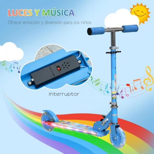 Patinete Infantil Plegable con Luces Música Altura Ajustable Ruedas Brillantes Pedal LED Carga 50kg 67x32x65-78 cm Azul [2]