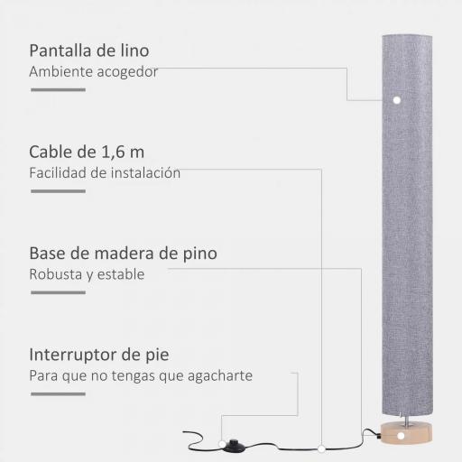 Lámpara de Pie Lámpara de Salón con Casquillo Máx. 40 W E27 Pantalla de Lino y Marco de Metal Ø15x120 cm Gris [5]