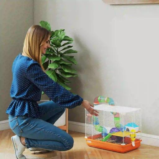 Jaula para Hámster con Túnel Cuenco Bebedero Casita Rampa Rueda de Ejercicio Bandeja Extraíble 46x30x37 cm Naranja [7]