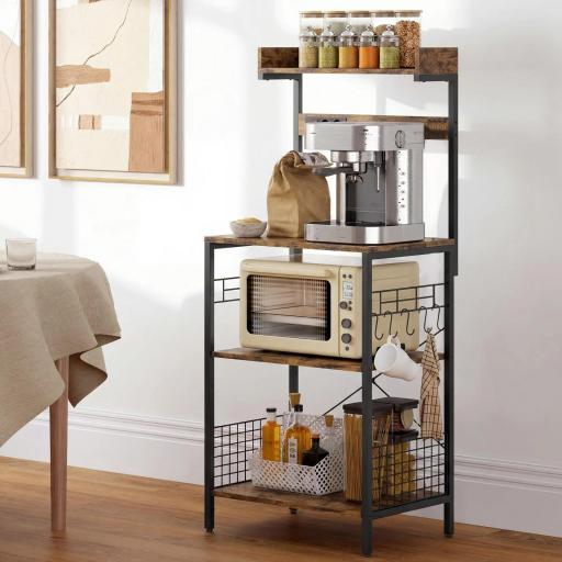 Estantería de Cocina con 2 Tomacorrientes Estante para Microondas Estante Ajustable Ganchos 60x42x137 cm Marrón Rústico [6]