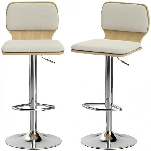Juego de 2 Taburetes Altos de Cocina Giratorios en 360° Regulables en Altura de 81-102 cm Tapizados en Lino Beige [9]