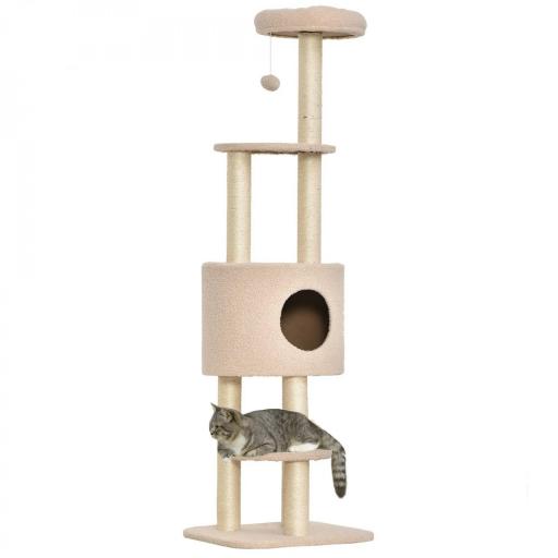 Árbol Rascador para Gatos Altura 148 cm Árbol para Gatos con Postes de Sisal Plataformas Casa y Bola Colgante Beige [9]