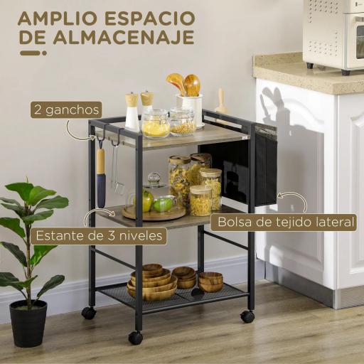 Carrito Auxiliar con Ruedas de 3 Niveles con Bolsa de Tela y 2 Ganchos para Salón Cocina Comedor 66x40x80,5 cm Gris [2]