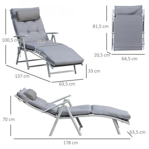 Tumbona Plegable de Jardín con Respaldo Ajustable en 7 Posiciones Cojín Cuerpo Entero y Cabeza 137x63,5x100,5 cm Gris [1]