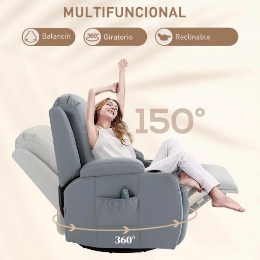 Sillón de Masaje Reclinable con 8 Puntos de Masaje Función de Calefacción Giratorio Mando a Distancia 85x94x104 cm Gris [3]