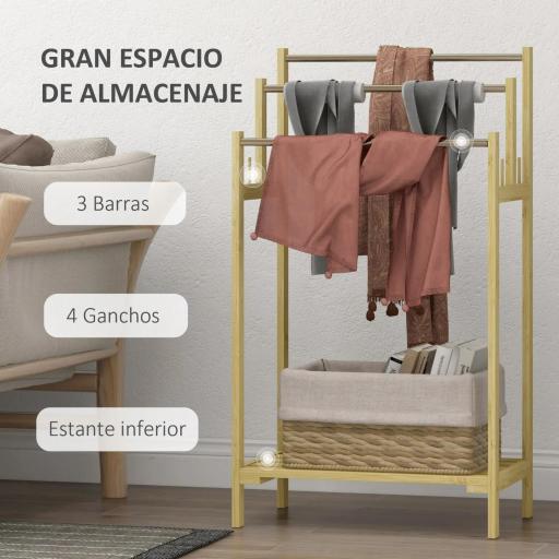 Toallero de Pie de Bambú con 3 Barras de Acero Inoxidable Estante Abierto 50,5x31x90 cm Natural [2]