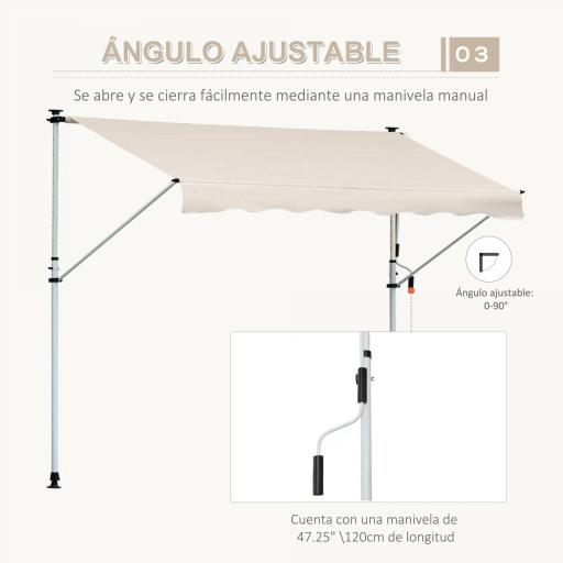 Toldo Manual Retráctil 4x1,2 m Toldo Exterior Terraza Enrollable Altura Ajustable con Manivela 170-280 cm Sin Taladro para Balcón Jardín Beige [3]