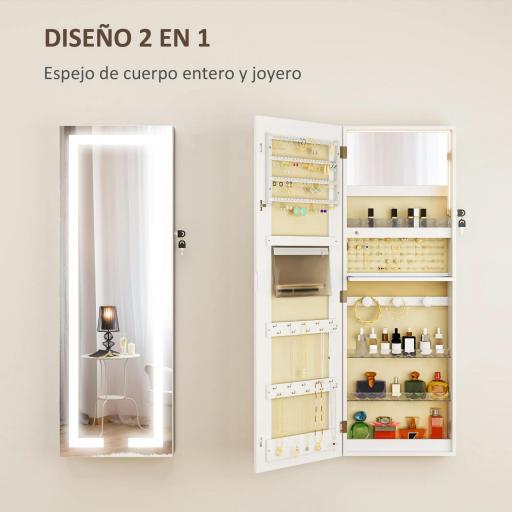 Espejo Joyero de Pared con Luces LED y Cerradura Armario de Joyas para Colgar en la Pared o en la Puerta Blanco [5]
