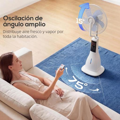 Ventilador Nebulizador 90W Oscilación de 75° 3 Velocidades 5 Aspas Depósito de Agua de 3L 5 Ruedas Control Remoto [7]