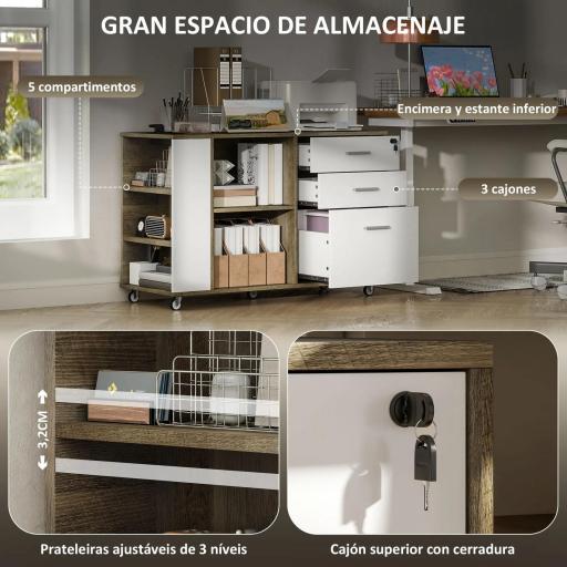 Mueble Archivador con Ruedas 3 Cajones Estación de Carga Cerradura y Estantes 100x40x65,5 cm Marrón Grisáceo [5]