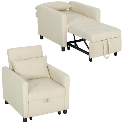 Sofá Cama de 1 Plaza Tapizado en Lino con Respaldo Ajustable de 3 Niveles y Almohada Acolchada 69x82,5x84 cm Beige [8]