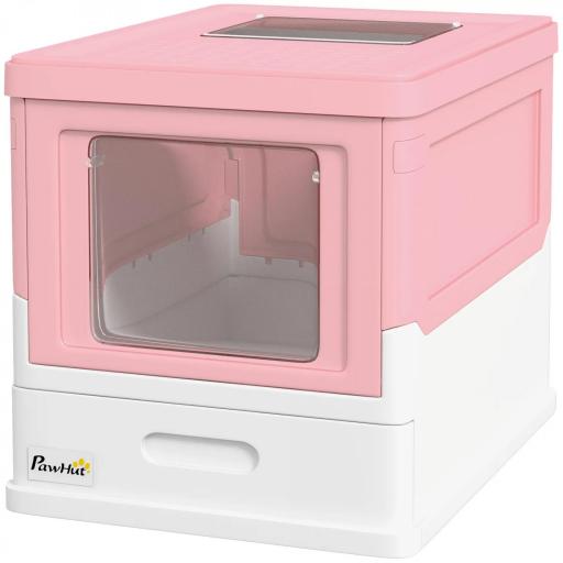 Arenero Cubierto para Gatos Desmontable con Entrada Frontal y Salida Superior con Pala 47,5x35,5x36,7 cm Rosa y Blanco [9]