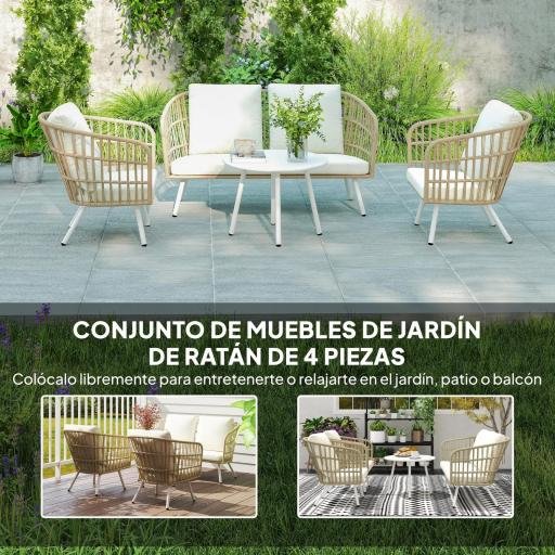 Conjunto de Jardín de 4 Piezas con Sofá Sillones y Mesa de Ratán Sintético Cojines Cómodos y Resistente a Rayos UV [2]