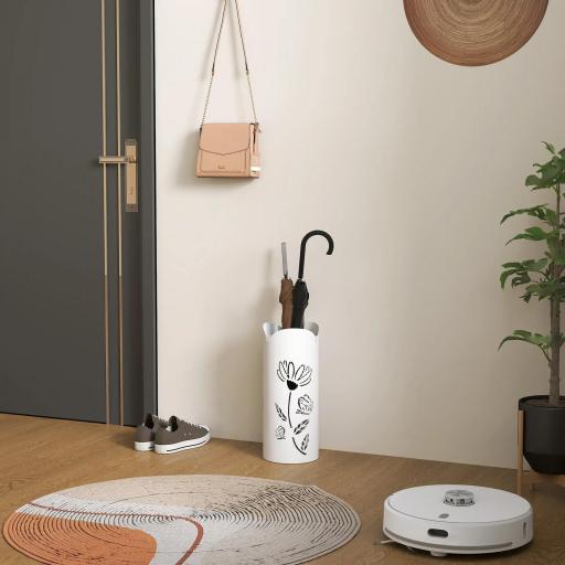 Paragüero de Acero con 4 Ganchos y Bandeja de Goteo Extraíble y Diseño Decorativo 17x17x41 cm Blanco