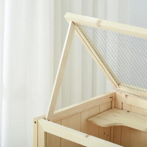 Jaula de Madera para Hámster Ratones Casa de Juegos con 5 Plataformas Rampa Techo Abatible Ventana Cristal Plástico y Estante Inferior 60x40x80 cm Natural [6]