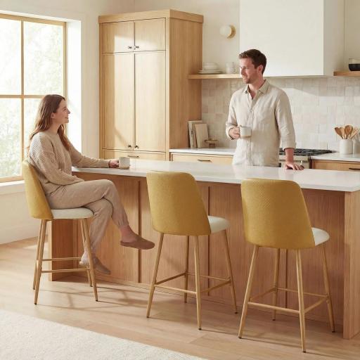 Juego de Taburetes Altos de Cocina con Respaldo y Reposapiés Tapizados de Lino y PU Marco de Acero Marrón [6]