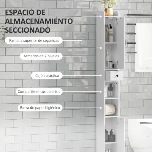 Columna de Baño con 2 Puertas Compartimento Abierto Estantes Ajustables y Portarrollos 20x20x185 cm Blanco [2]