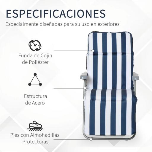  2 Tumbonas de Jardín de Acero con Cojín Acolchado Respaldo Ajustable y Reposapiés 60x75x66-102 cm Azul y Blanco [3]