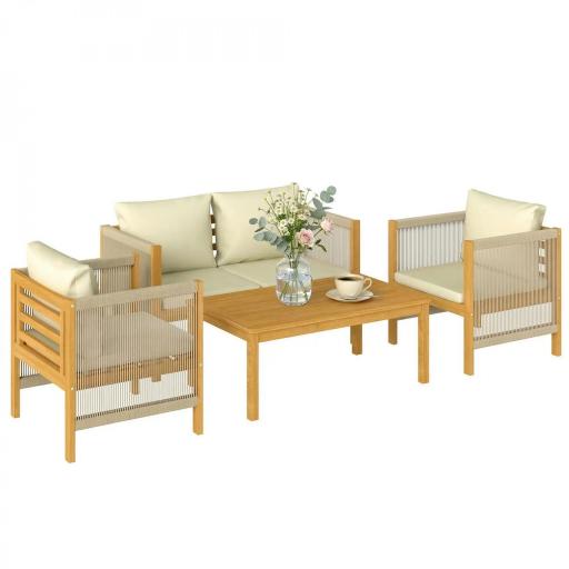 Conjunto de Muebles de Jardín de 4 Piezas con Sofá 2 Plazas 2 Sillones Mesa de Madera Cojines y Cuerda PP Beige [9]